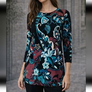 Chico's Travelers, Stretch Matte Jersey Floral Pullover Tunic Top SZ 1 Medium